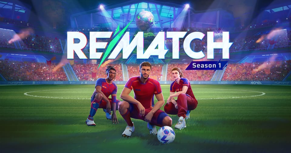 REMATCH Season 1 logo with three footballers squatting in front of the ball in a football field.
